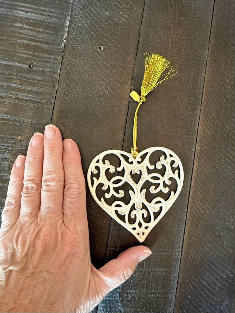 Lenox Cream and Gold Filigree Heart Ornament with Gold Tassel